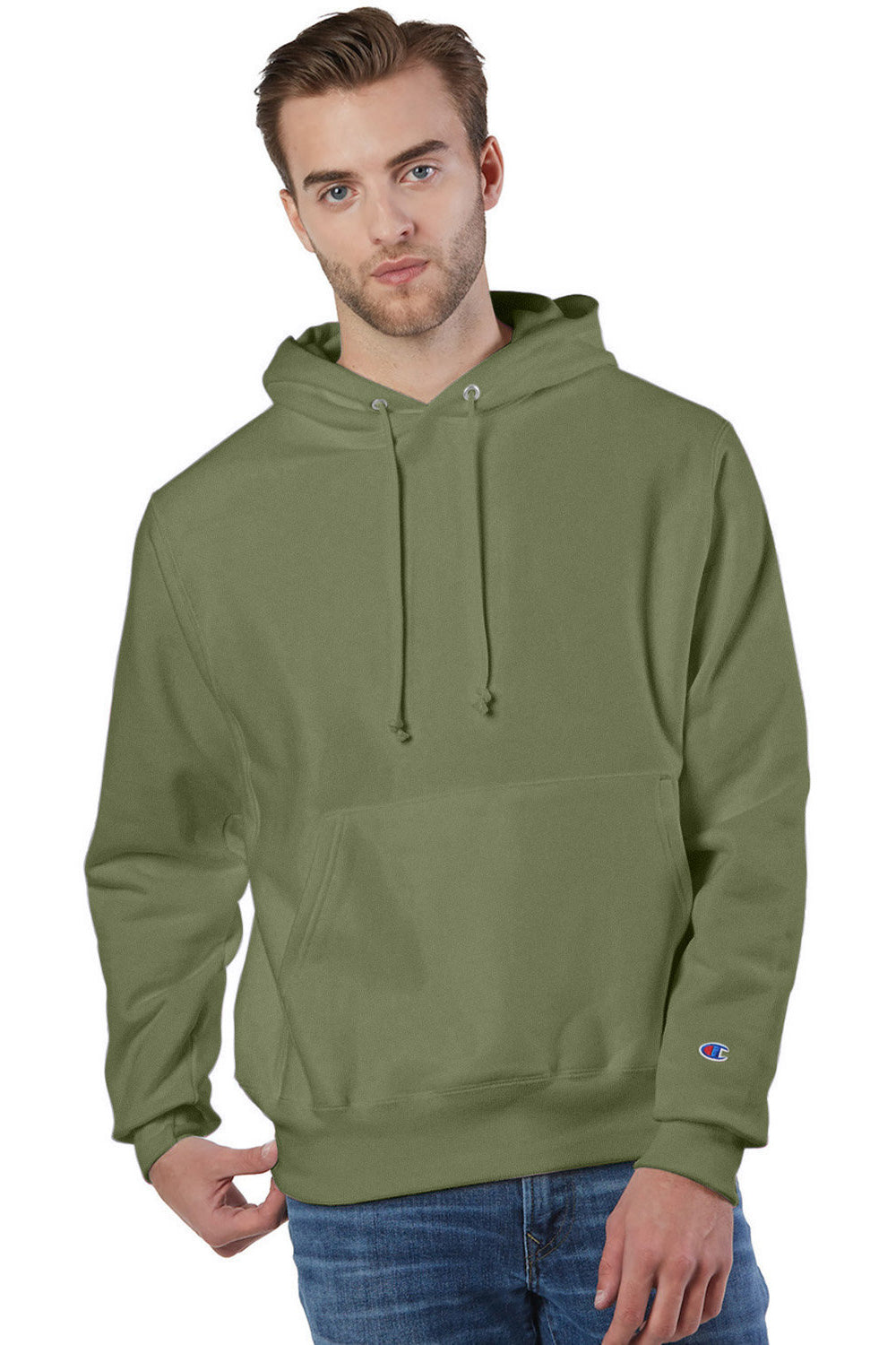 Champion S101/S1051 Mens Shrink Resistant Hooded Sweatshirt Hoodie w/ Pouch Pocket Fresh Olive Green Model Front