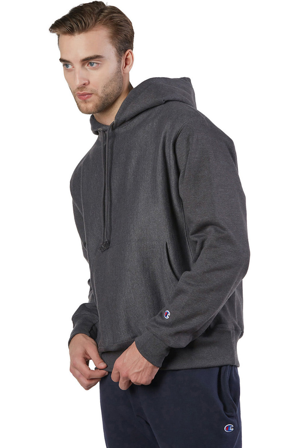 Champion S101/S1051 Mens Shrink Resistant Hooded Sweatshirt Hoodie w/ Pouch Pocket Heather Charcoal Grey Model 3q