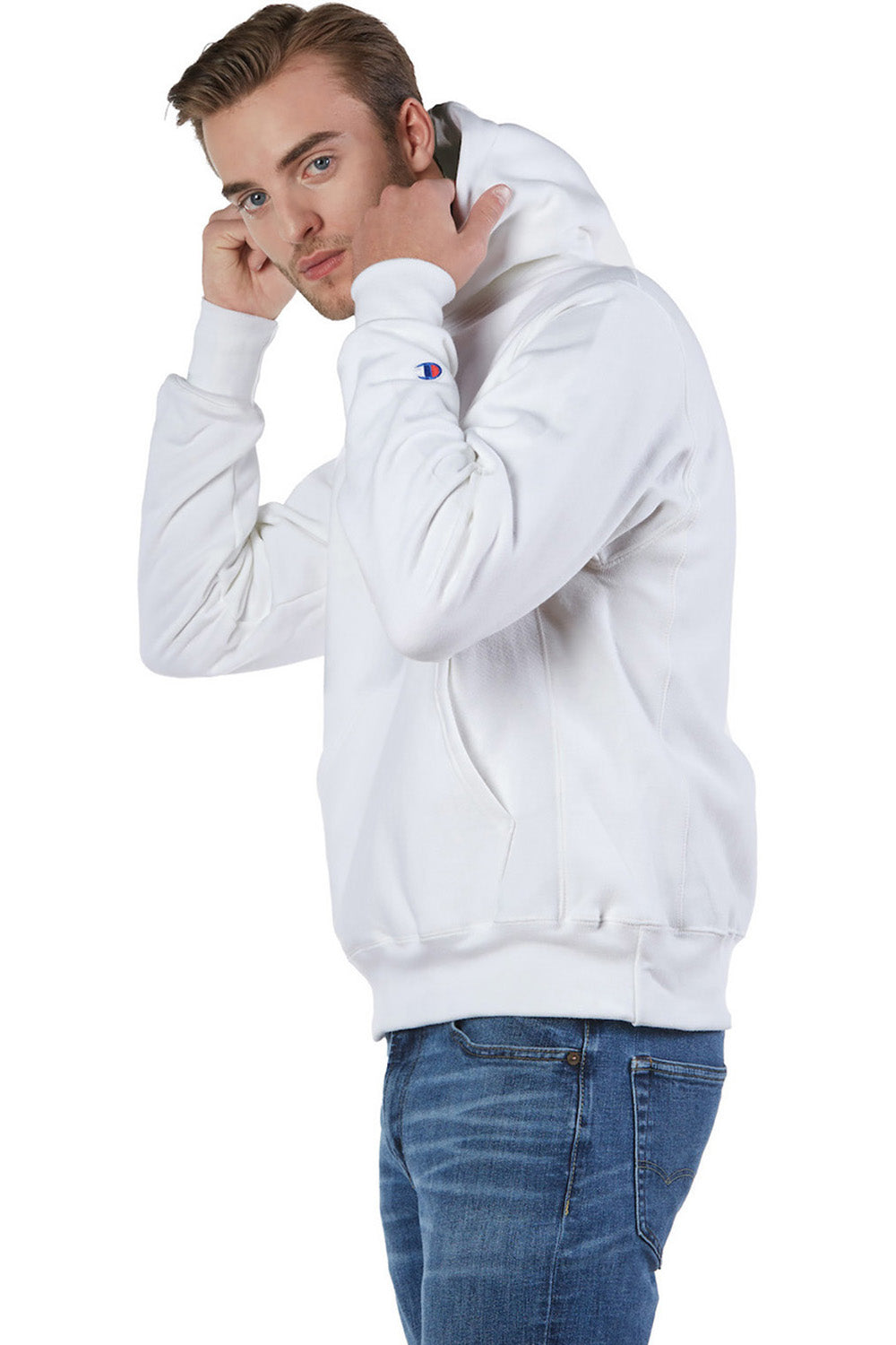 Champion S101/S1051 Mens Shrink Resistant Hooded Sweatshirt Hoodie w/ Pouch Pocket White Model Side