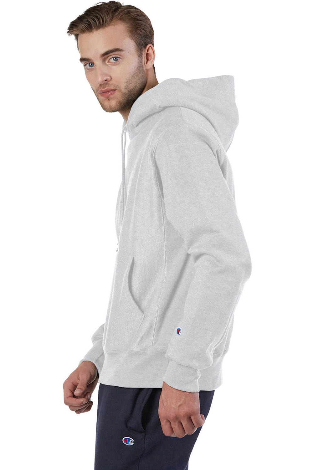 Champion S101/S1051 Mens Shrink Resistant Hooded Sweatshirt Hoodie w/ Pouch Pocket Silver Grey Model Side