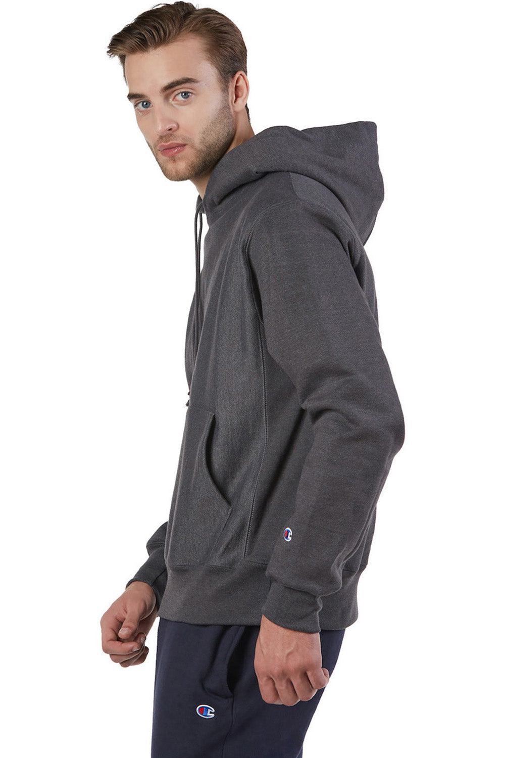 Champion S101/S1051 Mens Shrink Resistant Hooded Sweatshirt Hoodie w/ Pouch Pocket Heather Charcoal Grey Model Side