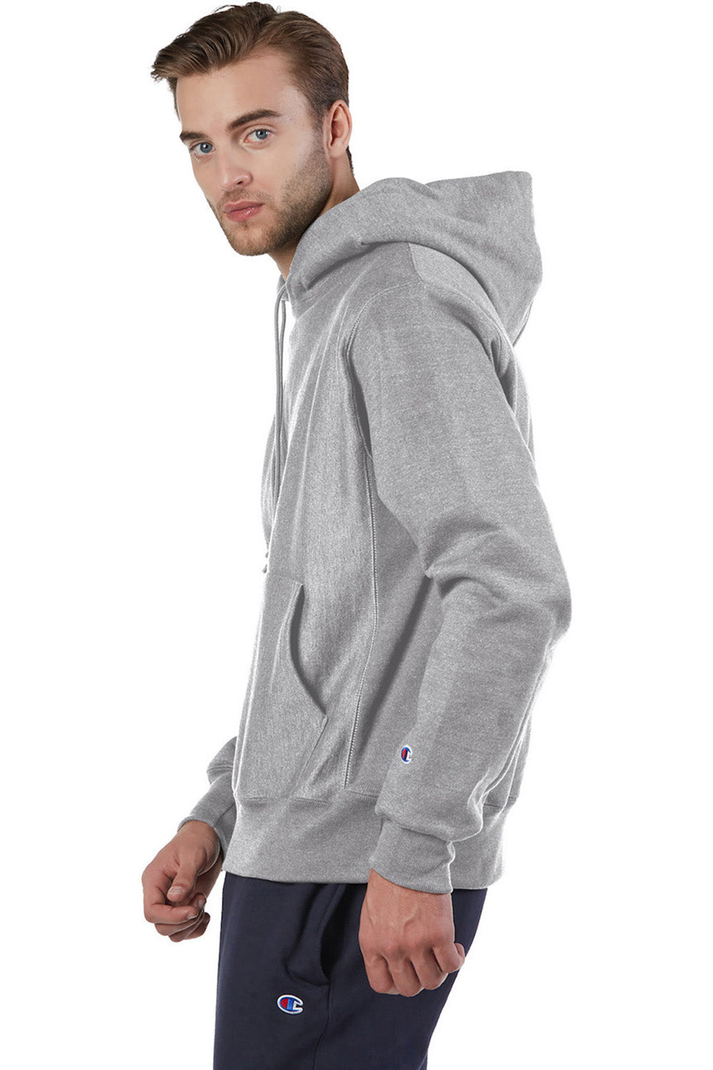 Champion S101/S1051 Mens Shrink Resistant Hooded Sweatshirt Hoodie w/ Pouch Pocket Oxford Grey Model Side
