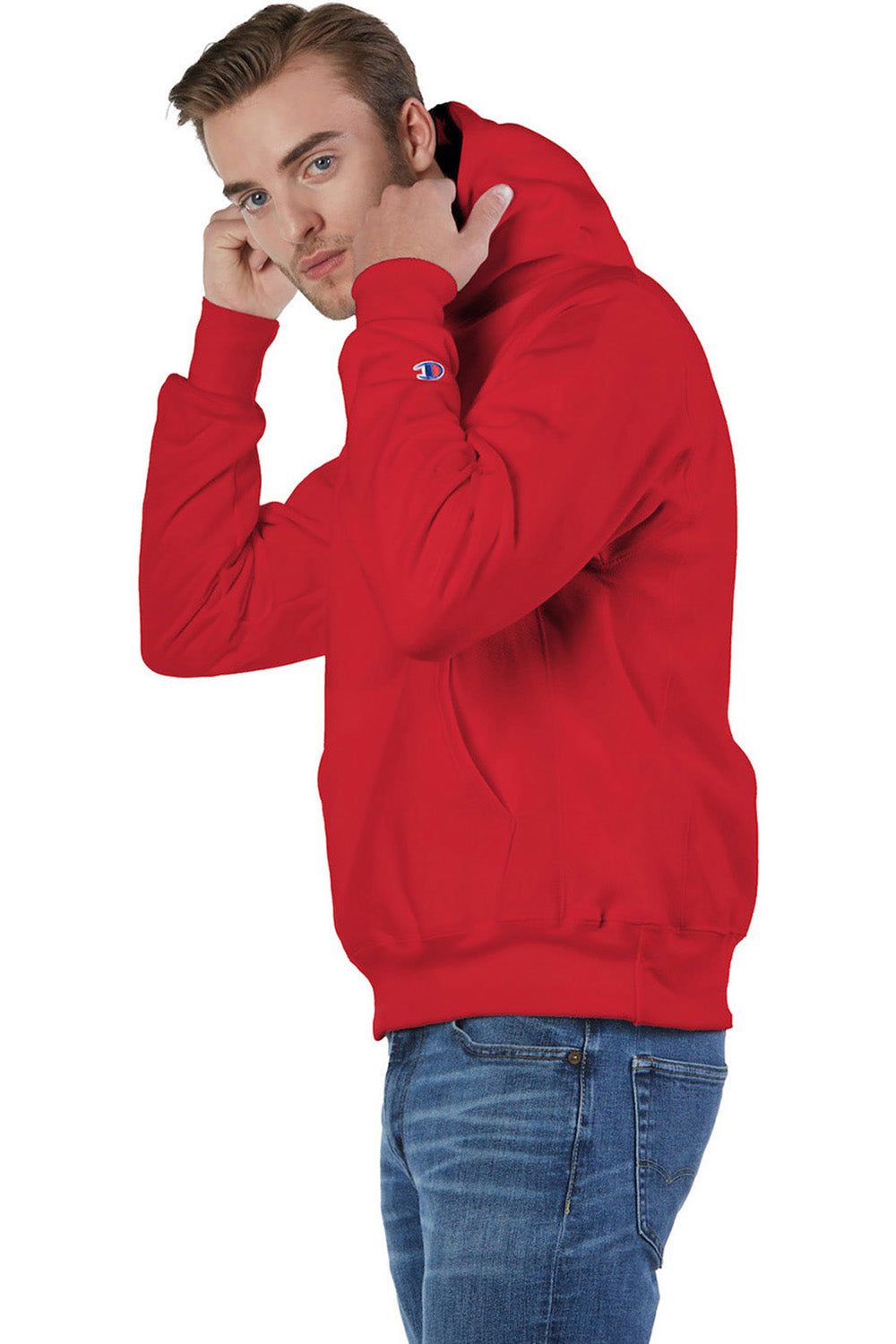 Champion S101/S1051 Mens Shrink Resistant Hooded Sweatshirt Hoodie w/ Pouch Pocket Scarlet Red Model Side