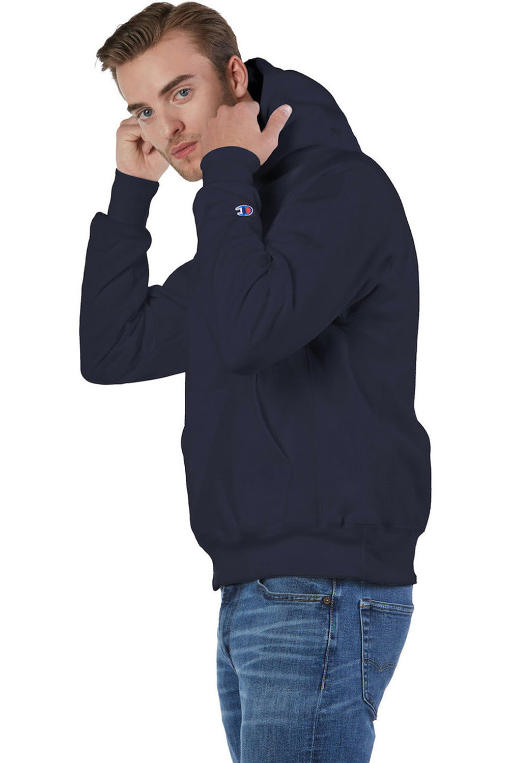 Champion S101/S1051 Mens Shrink Resistant Hooded Sweatshirt Hoodie w/ Pouch Pocket Navy Blue Model Side