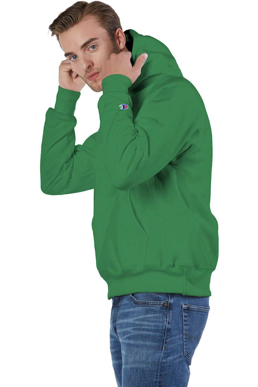 Champion S101/S1051 Mens Shrink Resistant Hooded Sweatshirt Hoodie w/ Pouch Pocket Kelly Green Model Side