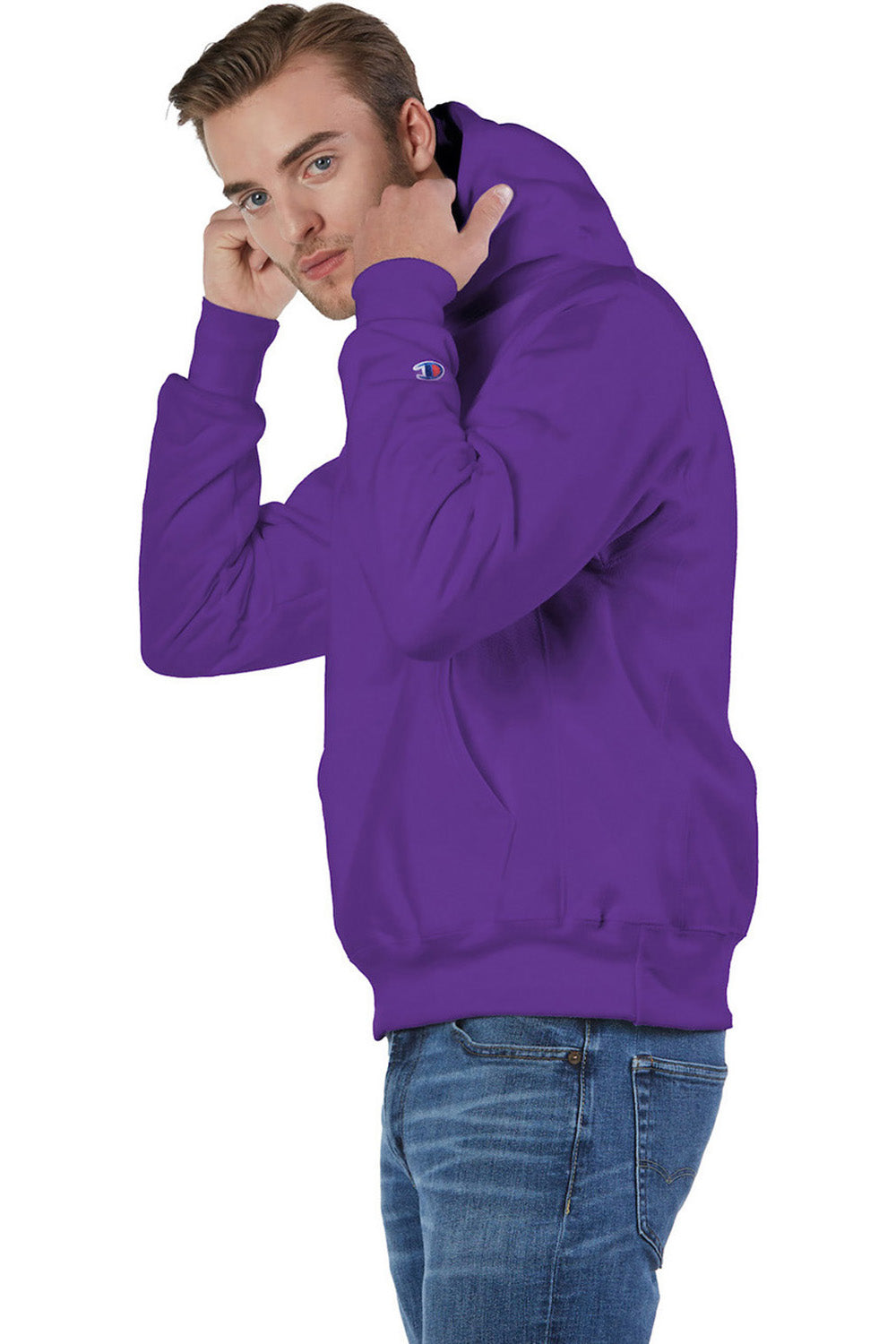 Champion S101/S1051 Mens Shrink Resistant Hooded Sweatshirt Hoodie w/ Pouch Pocket Purple Model Side