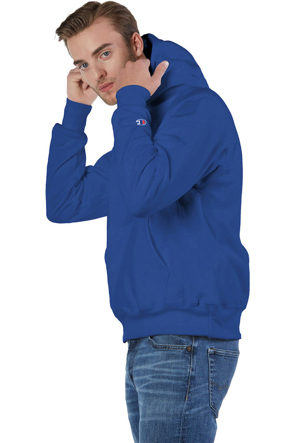 Champion S101/S1051 Mens Shrink Resistant Hooded Sweatshirt Hoodie w/ Pouch Pocket Athletic Royal Blue Model Side