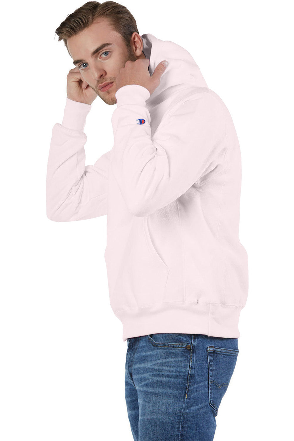 Champion S101/S1051 Mens Shrink Resistant Hooded Sweatshirt Hoodie w/ Pouch Pocket Body Blush Pink Model Side