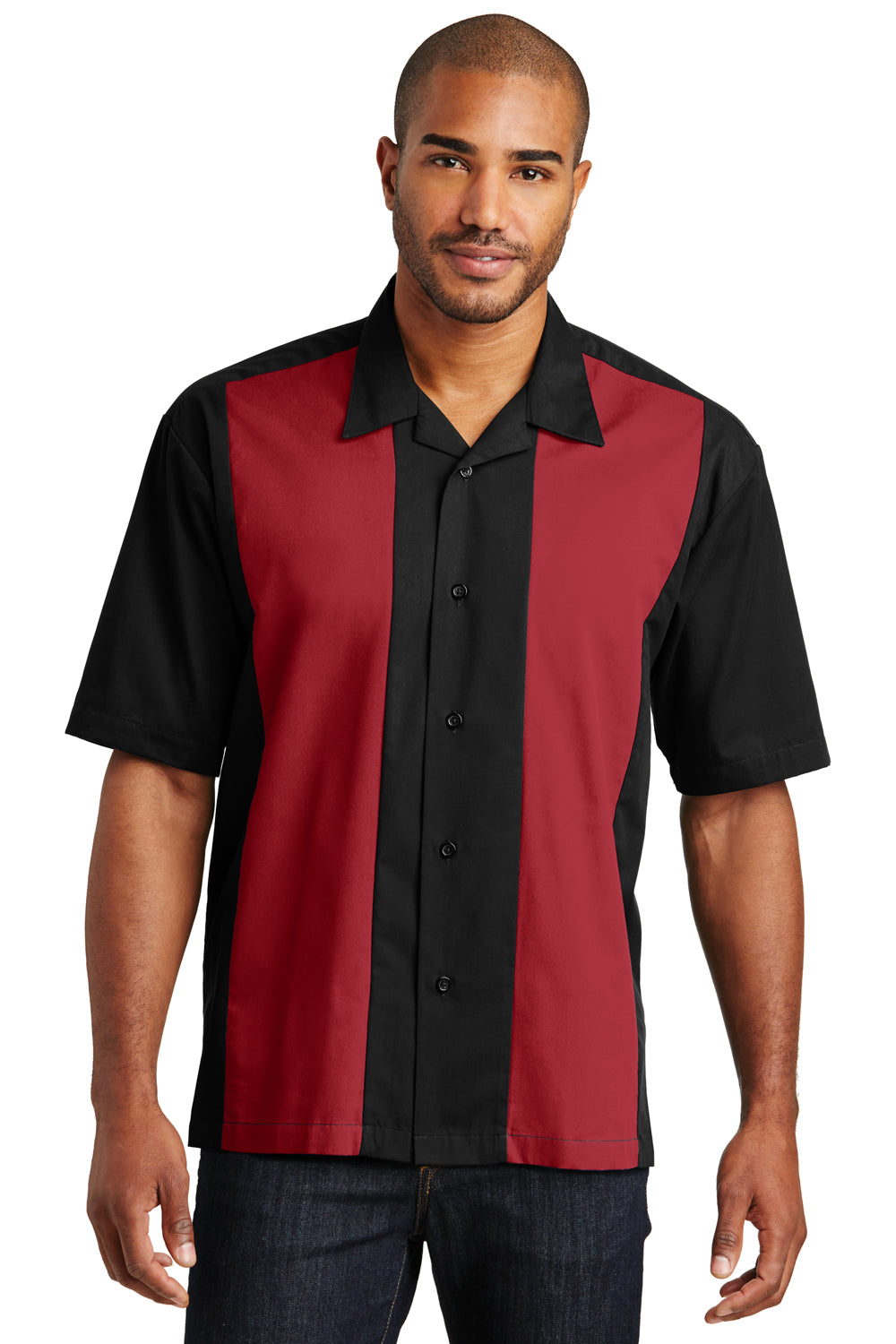 Port Authority Mens Retro Easy Care Wrinkle Resistant Short Sleeve Button Down Camp Shirt Black/Red Closeout