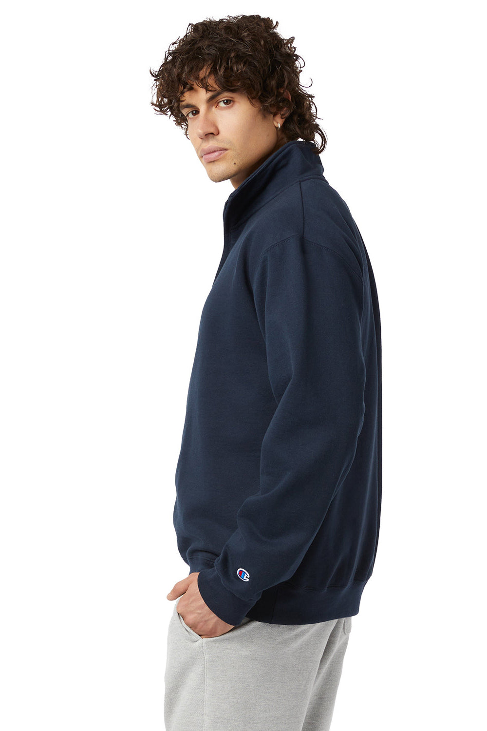Champion S450 Mens Powerblend 1/4 Zip Sweatshirt Navy Blue Model Side