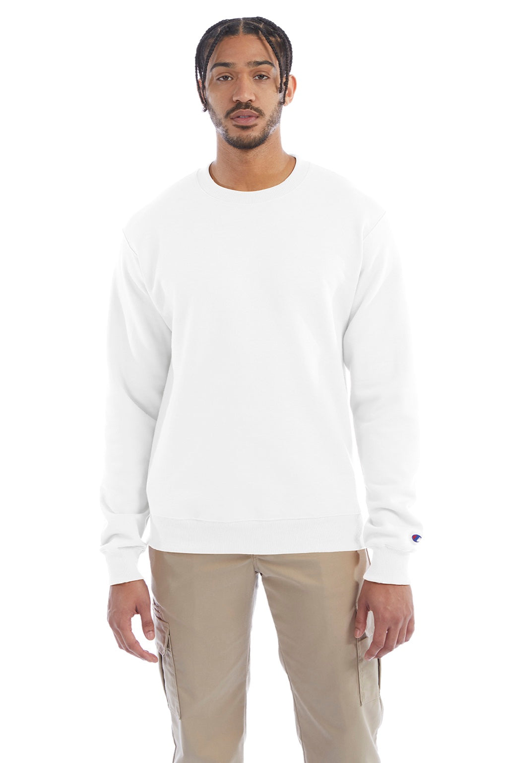 Champion S600 Mens Double Dry Eco Moisture Wicking Fleece Crewneck Sweatshirt White Model Front