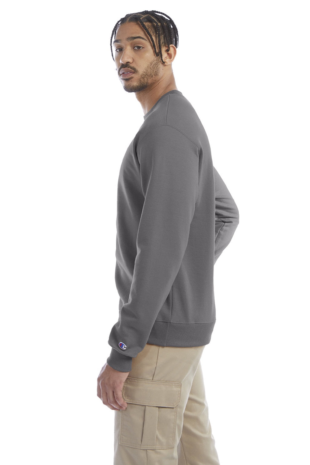 Champion S600 Mens Double Dry Eco Moisture Wicking Fleece Crewneck Sweatshirt Stone Grey Model Side