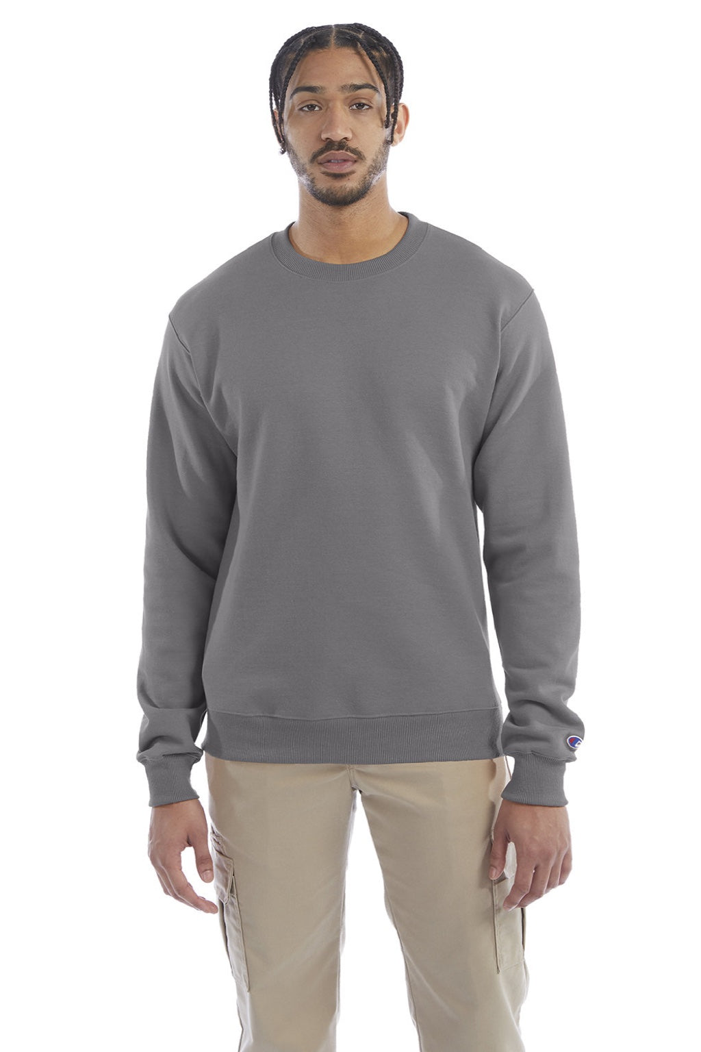 Champion S600 Mens Double Dry Eco Moisture Wicking Fleece Crewneck Sweatshirt Stone Grey Model Front