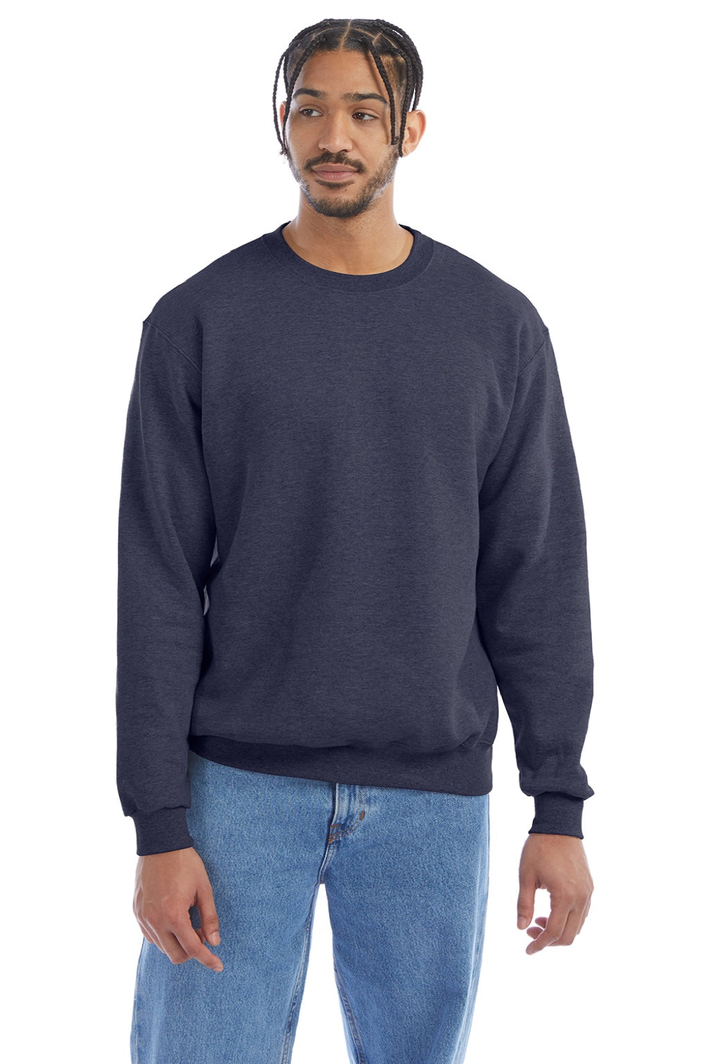 Champion S600 Mens Double Dry Eco Moisture Wicking Fleece Crewneck Sweatshirt Heather Navy Blue Model Front