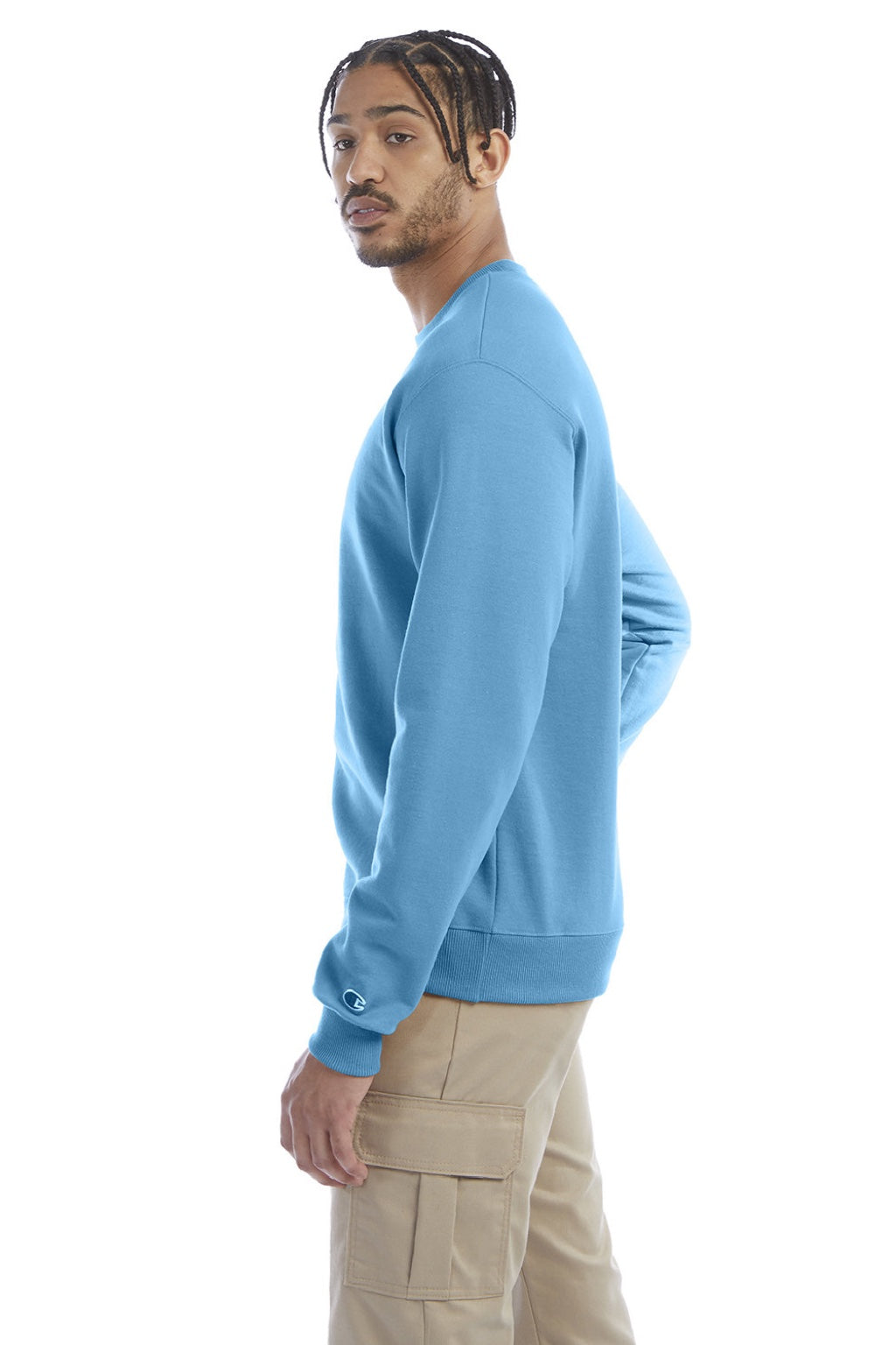 Champion S600 Mens Double Dry Eco Moisture Wicking Fleece Crewneck Sweatshirt Lagoon Blue Model Side