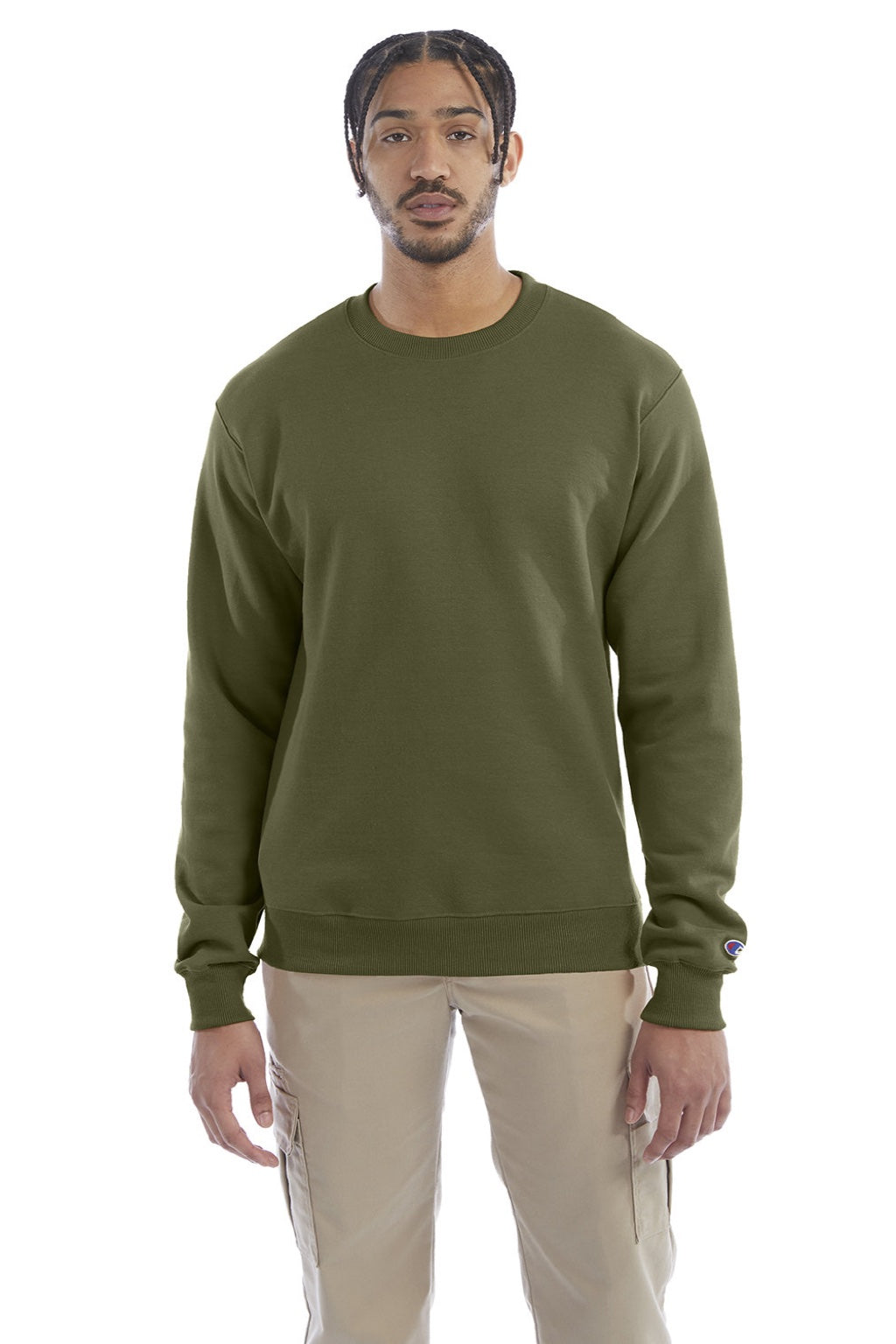 Champion S600 Mens Double Dry Eco Moisture Wicking Fleece Crewneck Sweatshirt Fresh Olive Green Model Front