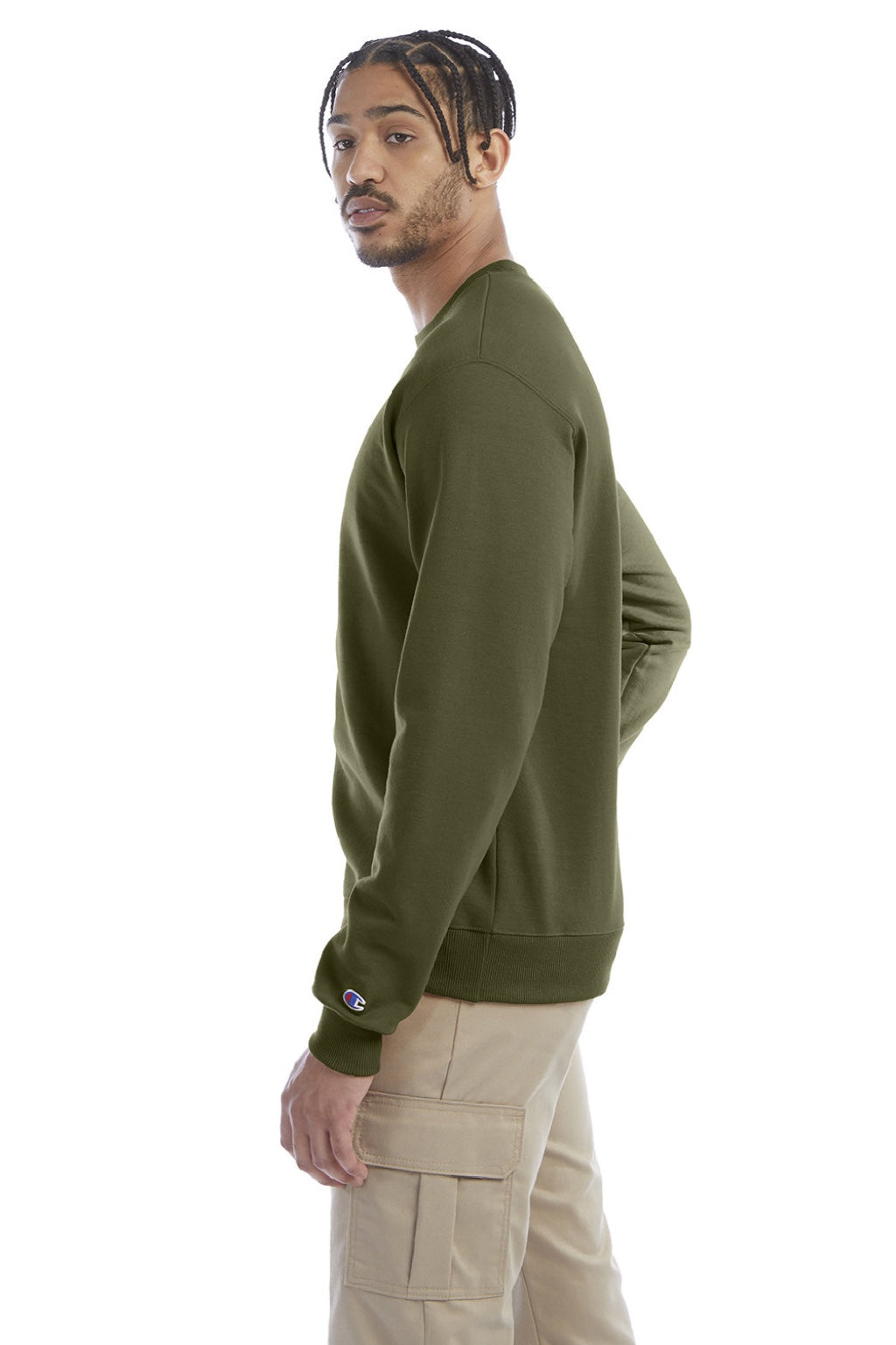 Champion S600 Mens Double Dry Eco Moisture Wicking Fleece Crewneck Sweatshirt Fresh Olive Green Model Side