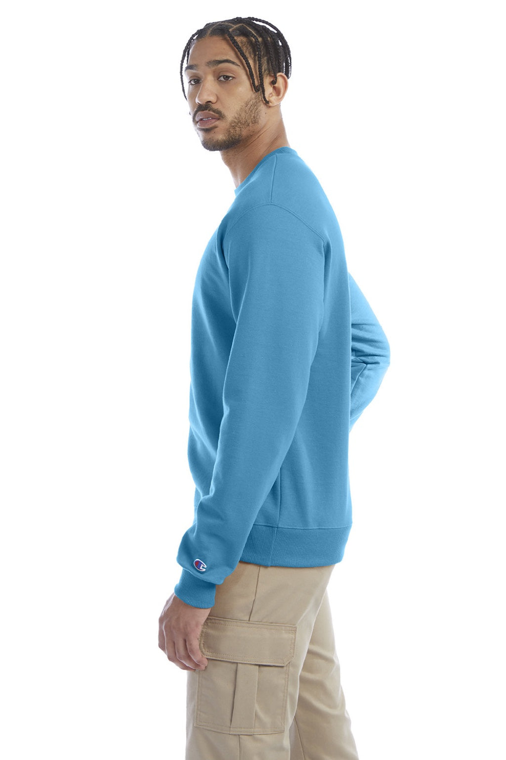Champion S600 Mens Double Dry Eco Moisture Wicking Fleece Crewneck Sweatshirt Tempo Teal Blue Model Side