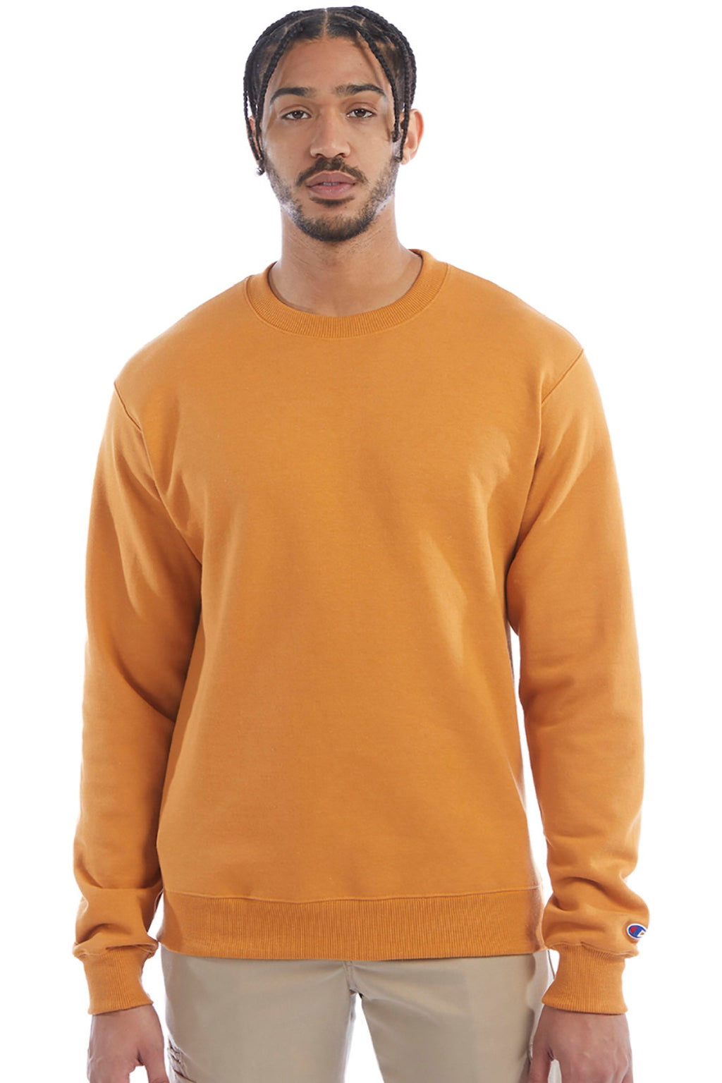 Champion S600 Mens Double Dry Eco Moisture Wicking Fleece Crewneck Sweatshirt Gold Glint Model Front