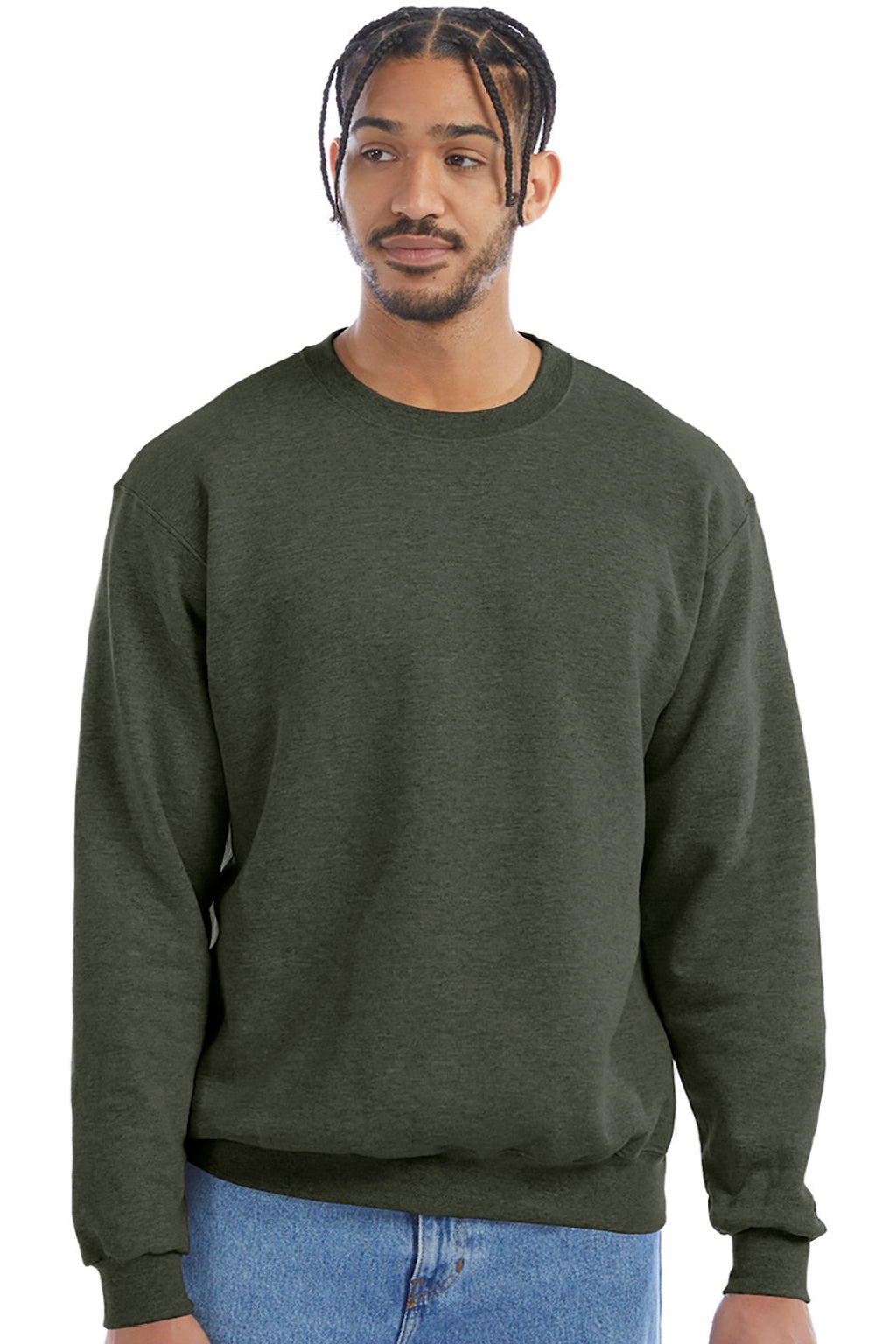 Champion S600 Mens Double Dry Eco Moisture Wicking Fleece Crewneck Sweatshirt Heather Dark Green Model Front