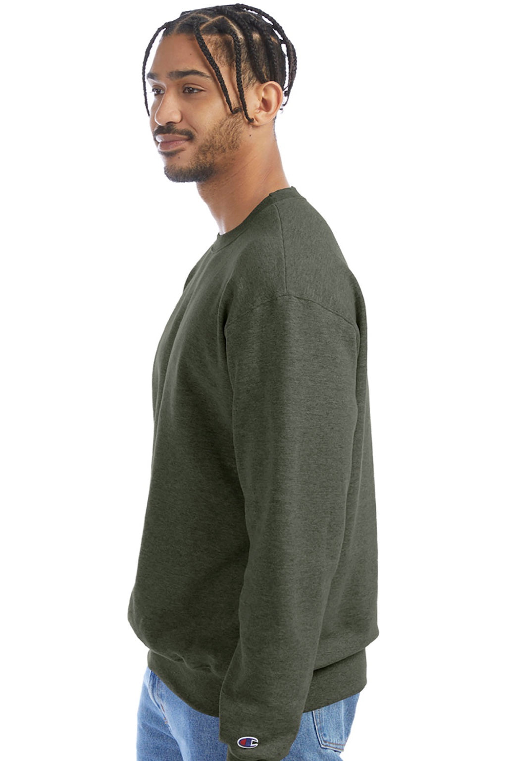 Champion S600 Mens Double Dry Eco Moisture Wicking Fleece Crewneck Sweatshirt Heather Dark Green Model Side