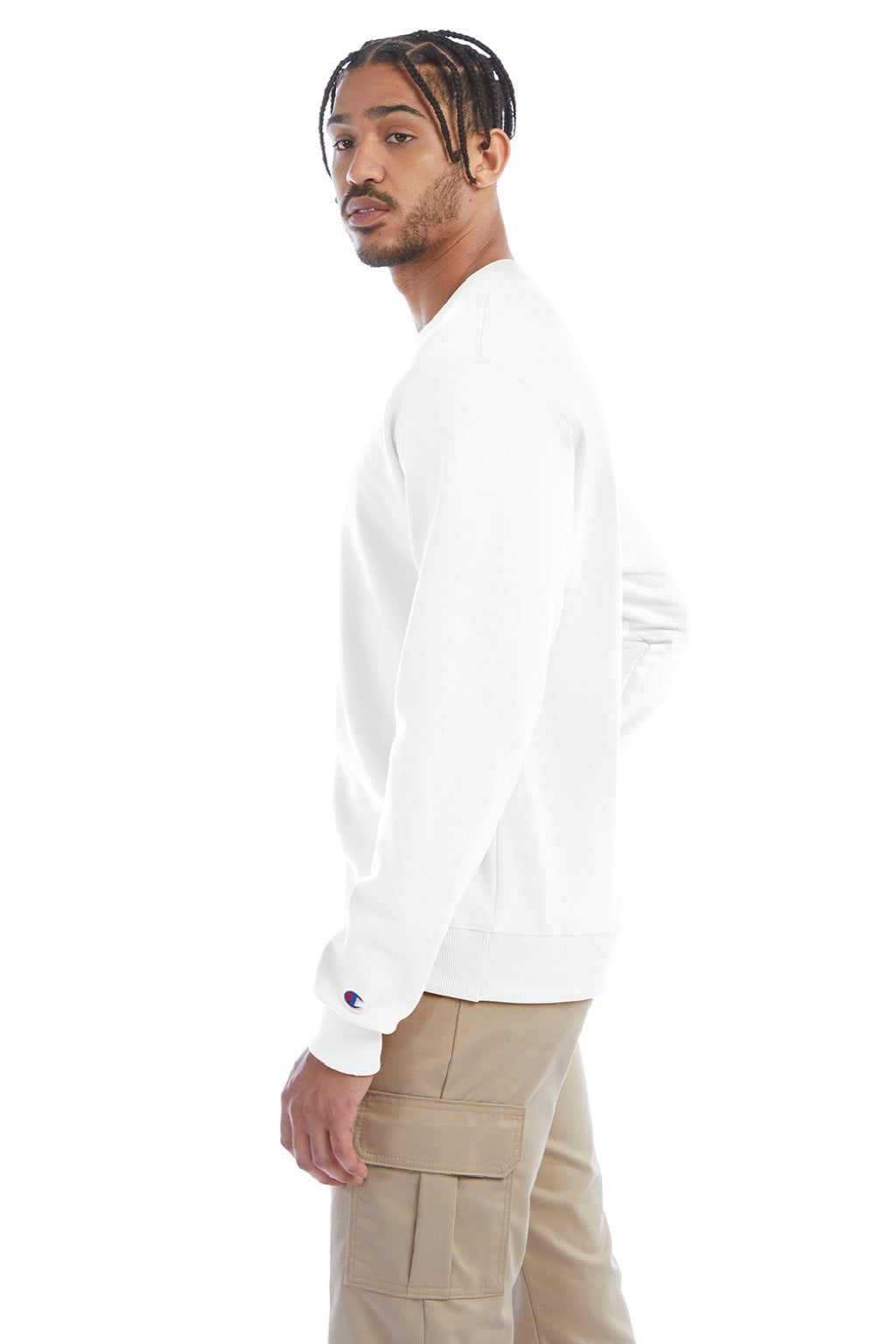 Champion S600 Mens Double Dry Eco Moisture Wicking Fleece Crewneck Sweatshirt White Model Side