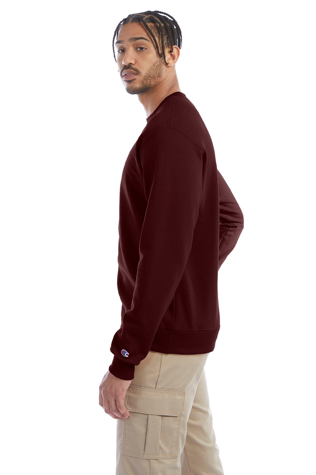 Champion S600 Mens Double Dry Eco Moisture Wicking Fleece Crewneck Sweatshirt Maroon Model Side