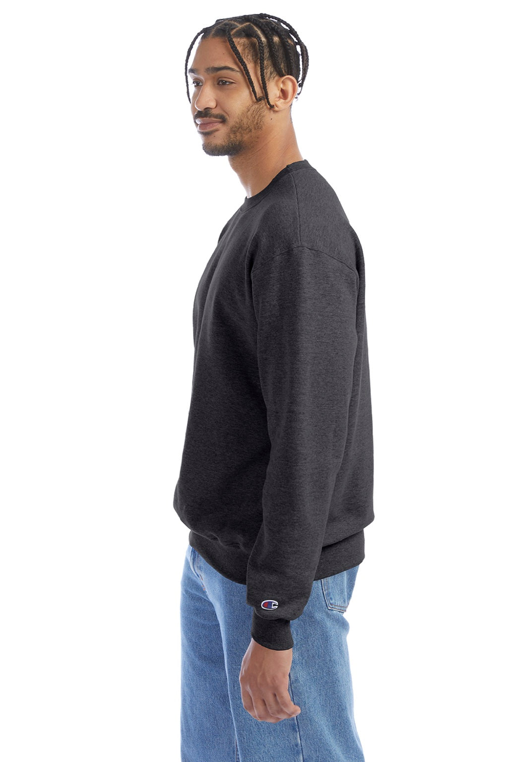 Champion S600 Mens Double Dry Eco Moisture Wicking Fleece Crewneck Sweatshirt Heather Charcoal Grey Model Side