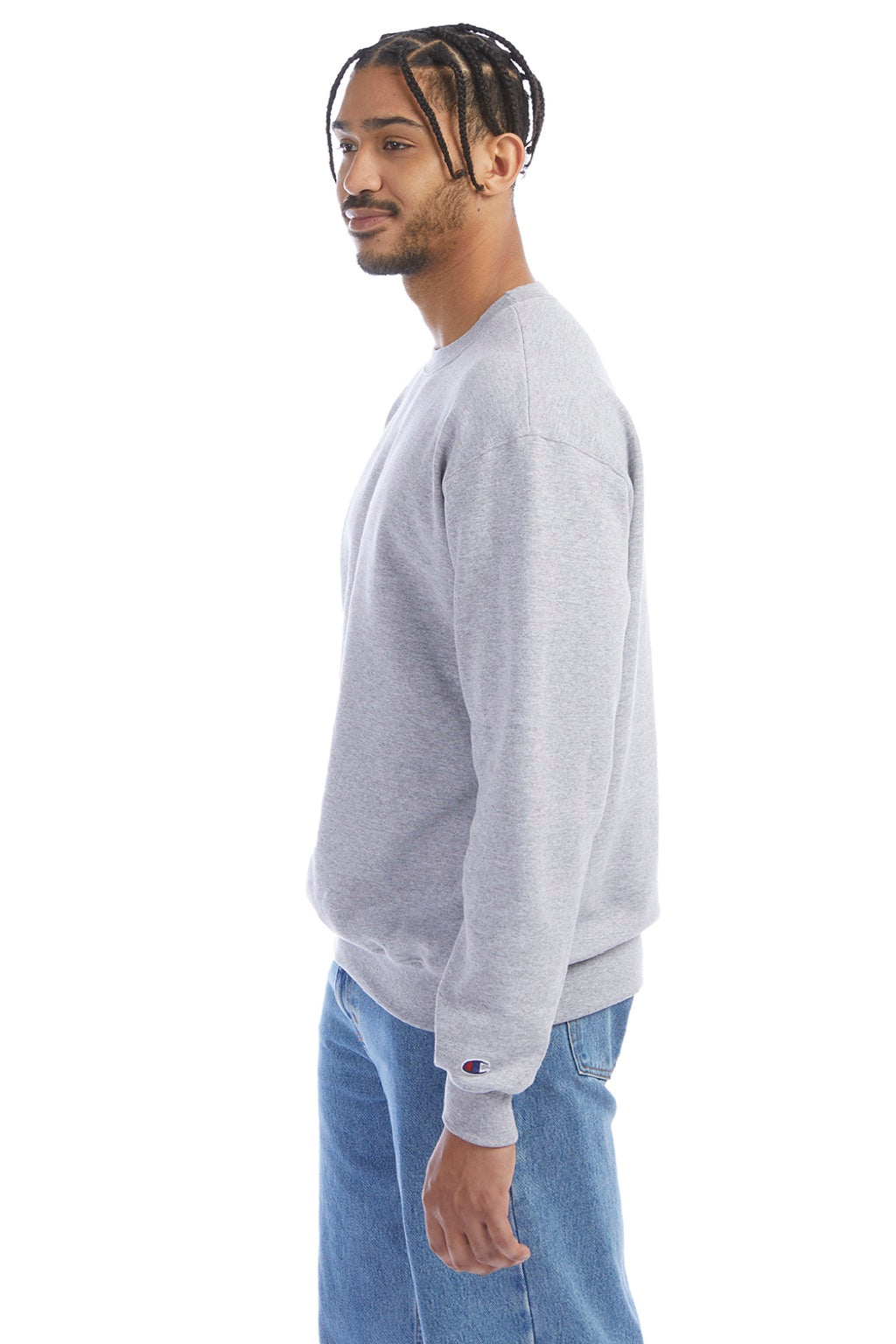 Champion S600 Mens Double Dry Eco Moisture Wicking Fleece Crewneck Sweatshirt Light Steel Grey Model Side