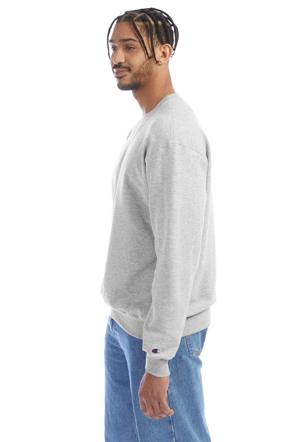 Champion S600 Mens Double Dry Eco Moisture Wicking Fleece Crewneck Sweatshirt Silver Grey Model Side