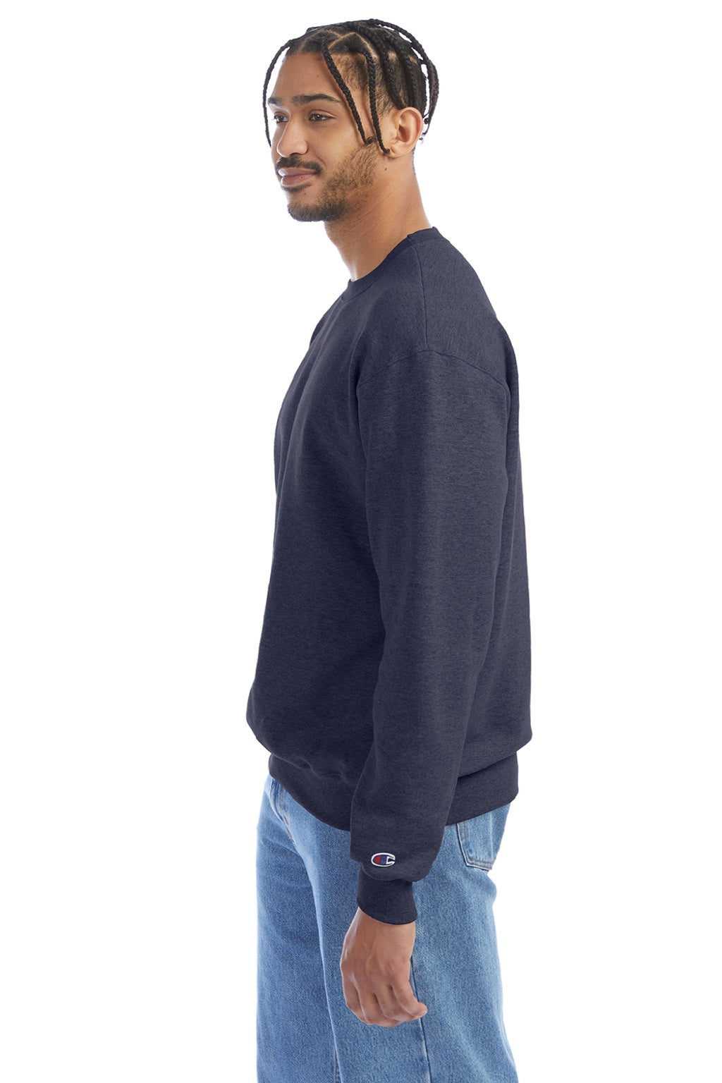 Champion S600 Mens Double Dry Eco Moisture Wicking Fleece Crewneck Sweatshirt Heather Navy Blue Model Side
