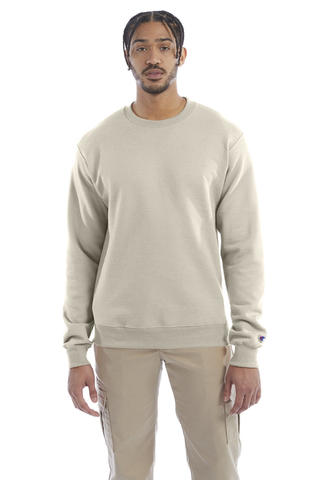 Champion S600 Mens Double Dry Eco Moisture Wicking Fleece Crewneck Sweatshirt Sand Model Front
