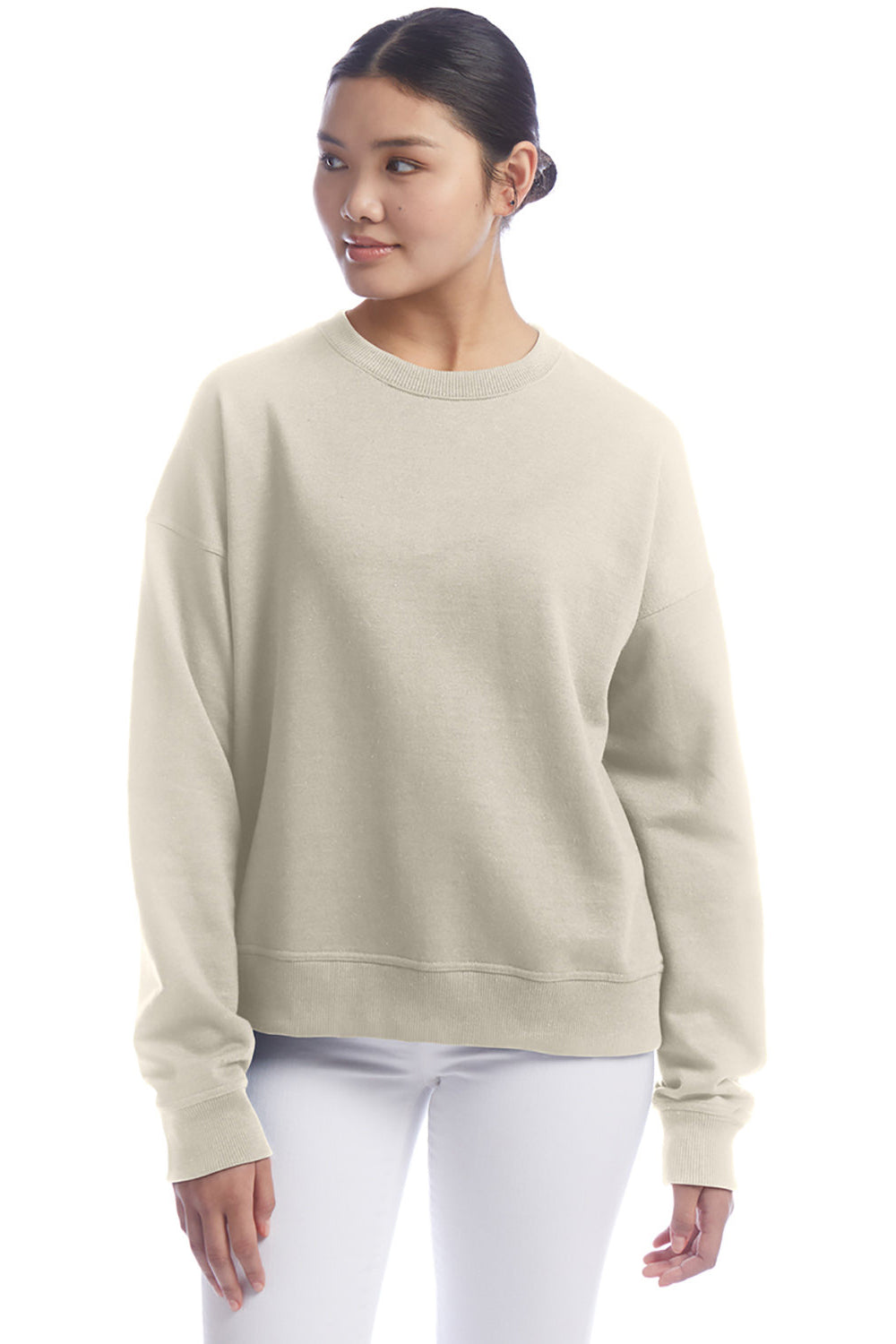 Champion S650 Womens PowerBlend Crewneck Sweatshirt Sand Model Front