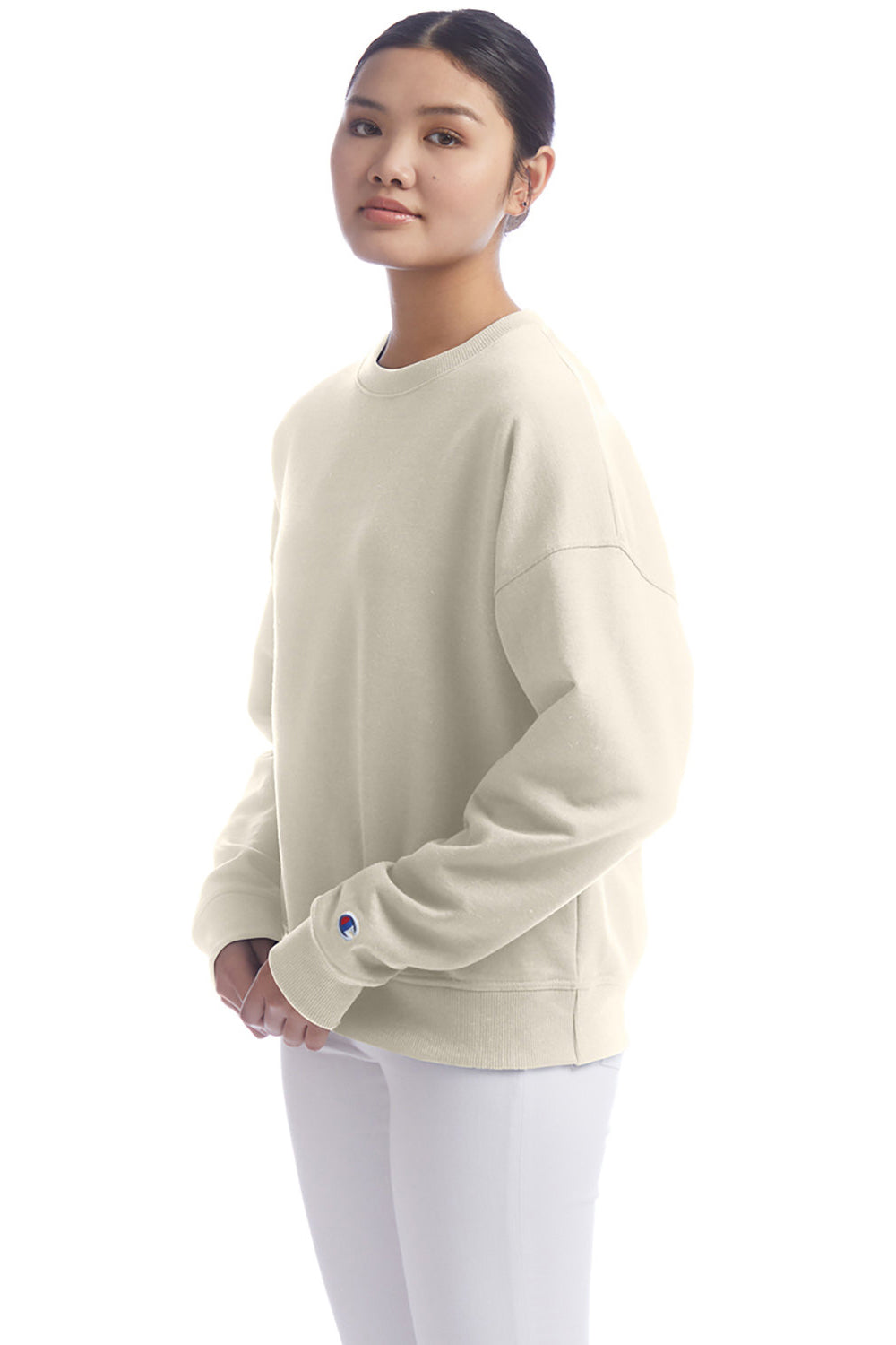 Champion S650 Womens PowerBlend Crewneck Sweatshirt Sand Model 3q
