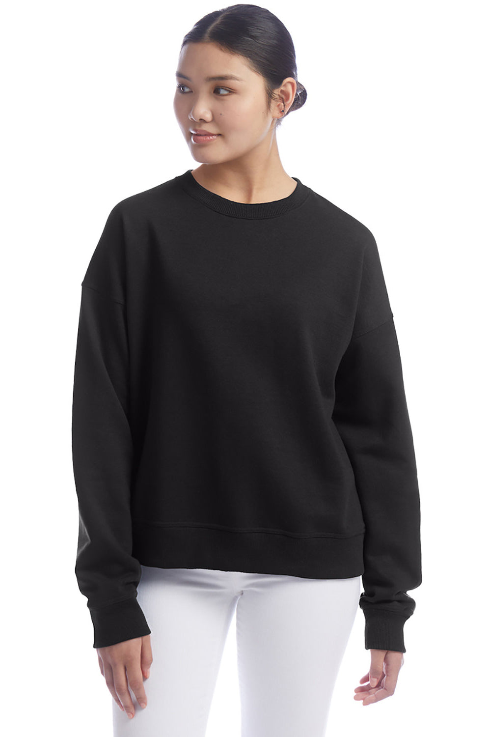 Champion S650 Womens PowerBlend Crewneck Sweatshirt Black Model Front