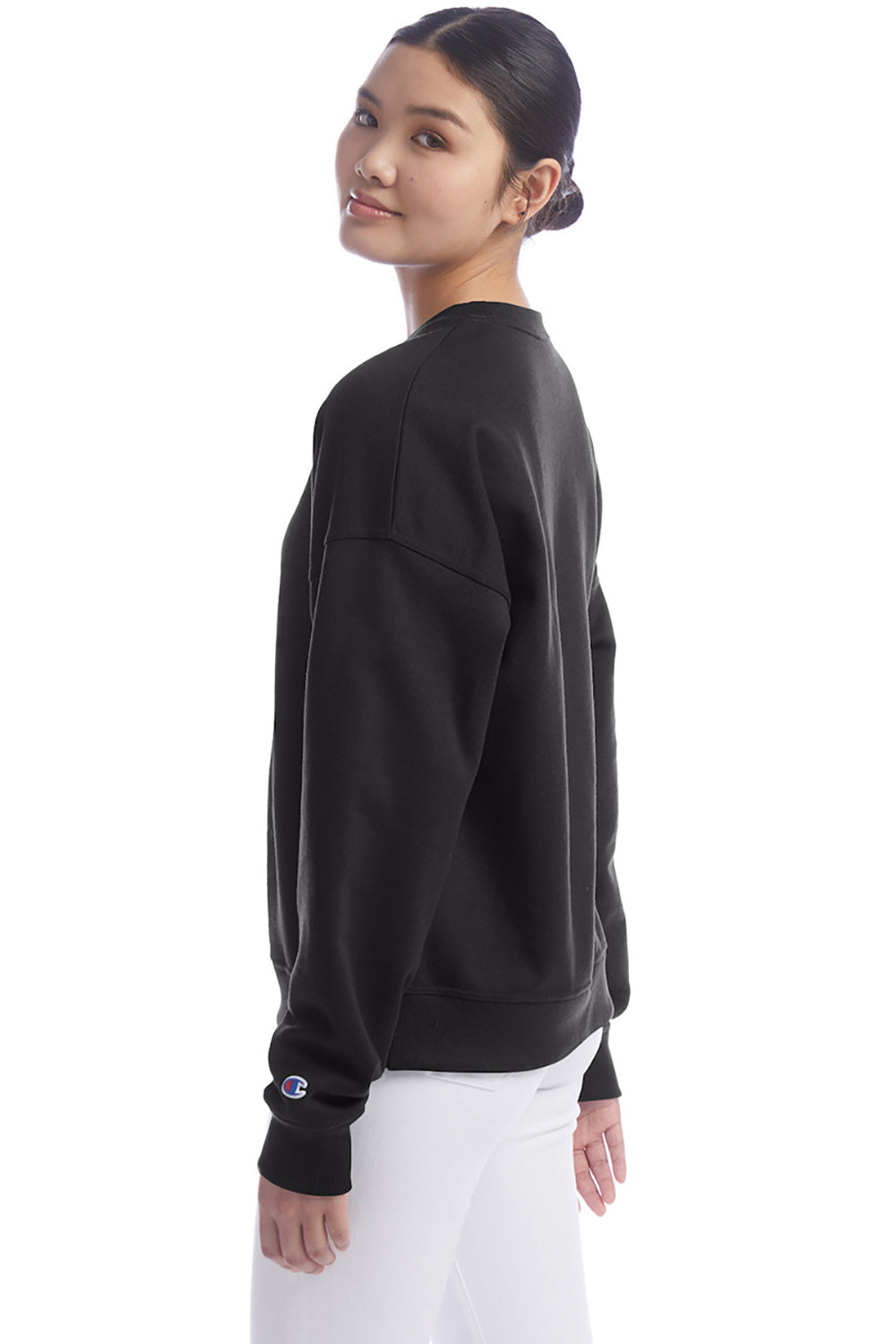 Champion S650 Womens PowerBlend Crewneck Sweatshirt Black Model Side