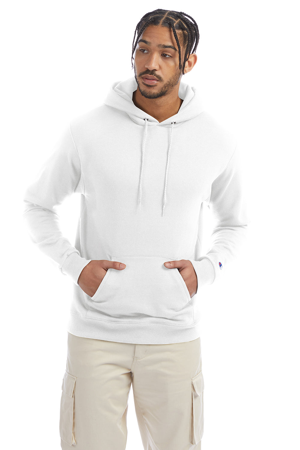 Champion S700 Mens Double Dry Eco Moisture Wicking Fleece Hooded Sweatshirt Hoodie w/ Pouch Pocket White Model Front
