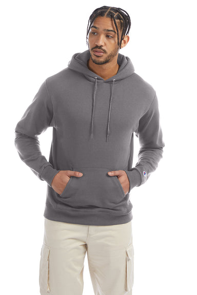 Champion S700 Mens Double Dry Eco Moisture Wicking Fleece Hooded Sweatshirt Hoodie w/ Pouch Pocket Stone Grey Model Front