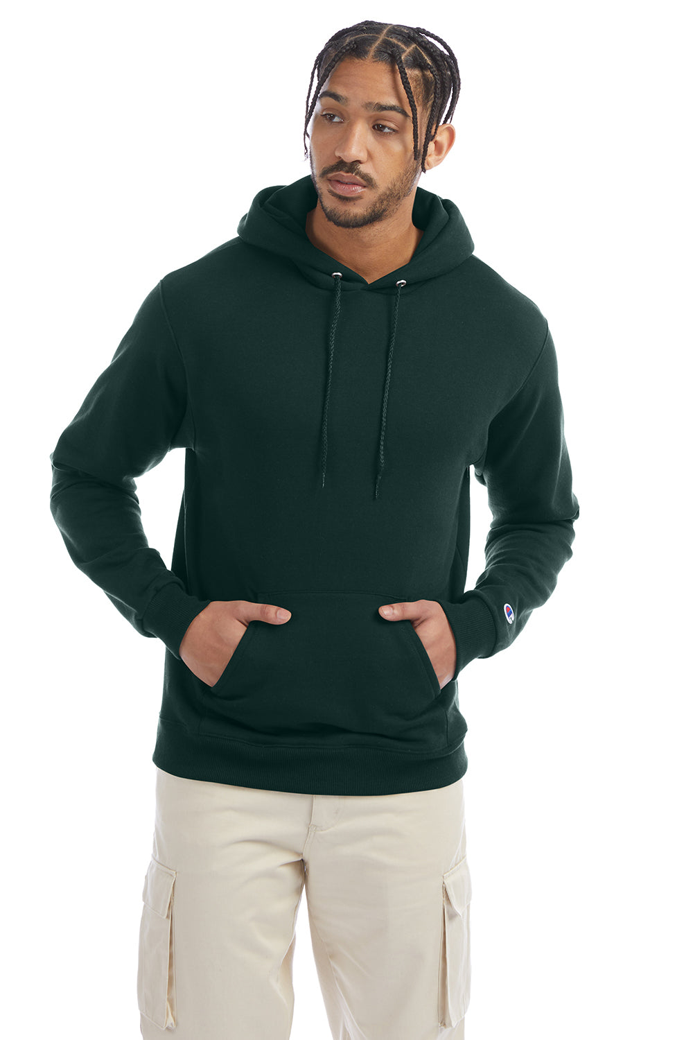 Champion S700 Mens Double Dry Eco Moisture Wicking Fleece Hooded Sweatshirt Hoodie w/ Pouch Pocket Dark Green Model Front