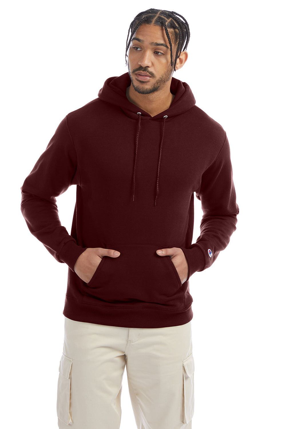 Champion S700 Mens Double Dry Eco Moisture Wicking Fleece Hooded Sweatshirt Hoodie w/ Pouch Pocket Maroon Model Front