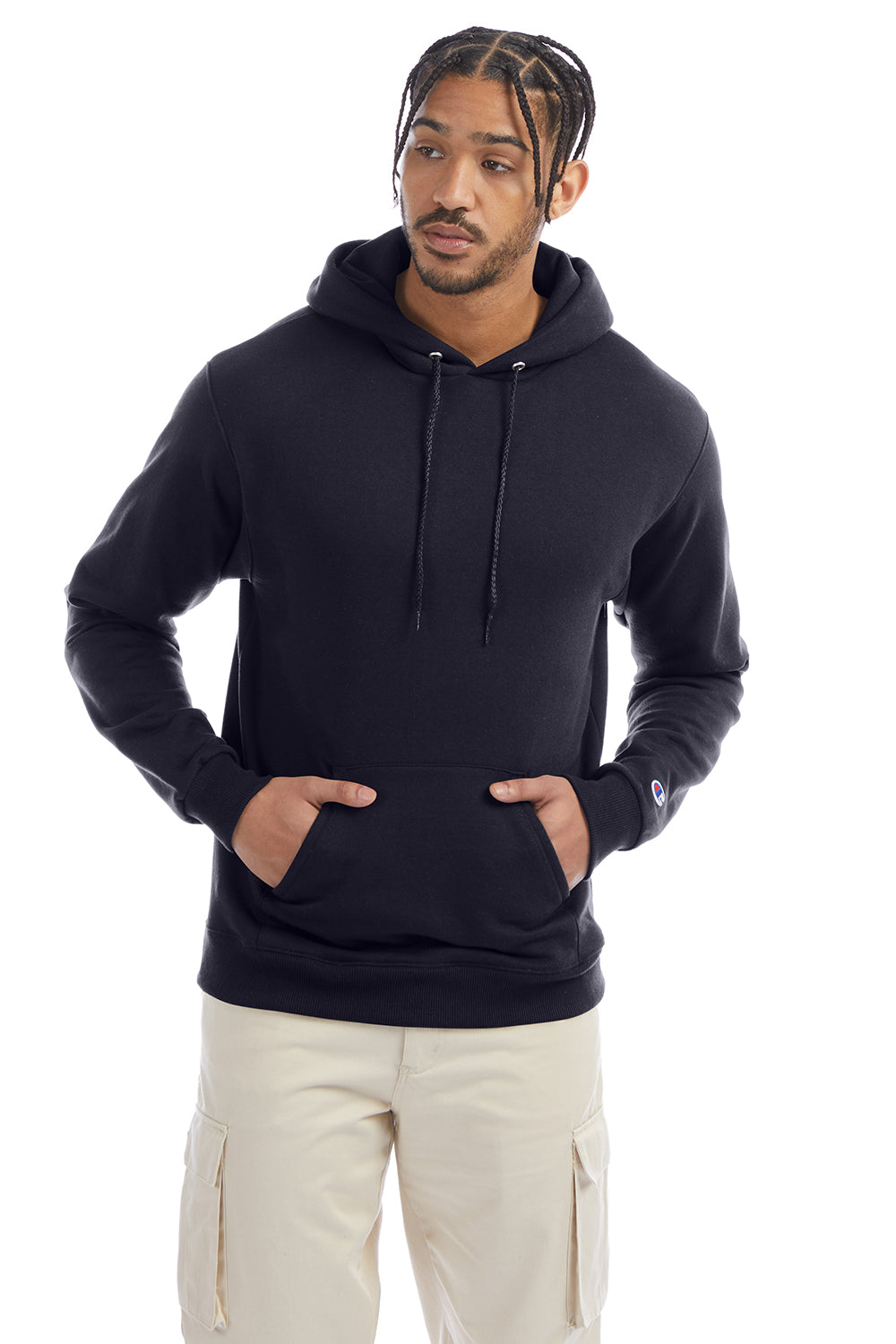 Champion S700 Mens Double Dry Eco Moisture Wicking Fleece Hooded Sweatshirt Hoodie w/ Pouch Pocket Navy Blue Model Front