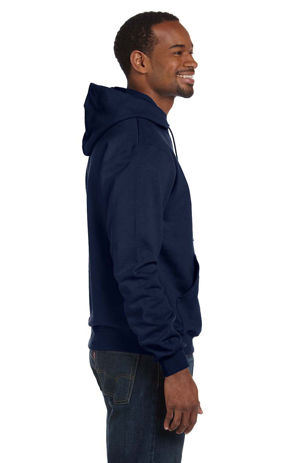 Champion S700 Mens Double Dry Eco Moisture Wicking Fleece Hooded Sweatshirt Hoodie w/ Pouch Pocket Navy Blue Model Side