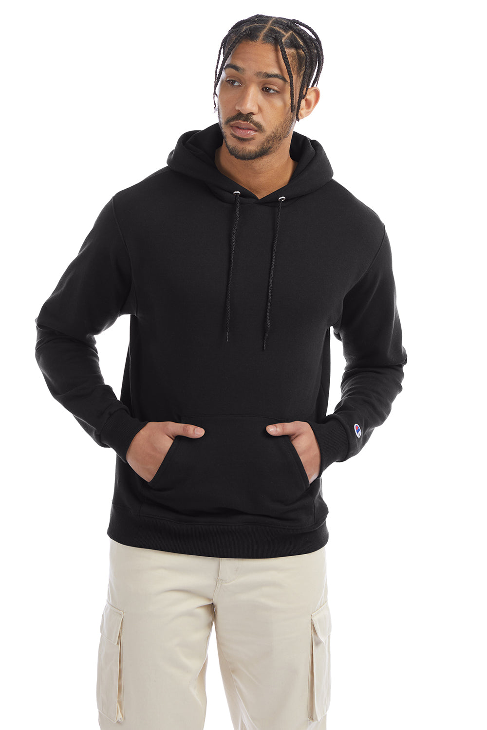 Champion S700 Mens Double Dry Eco Moisture Wicking Fleece Hooded Sweatshirt Hoodie w/ Pouch Pocket Black Model Front