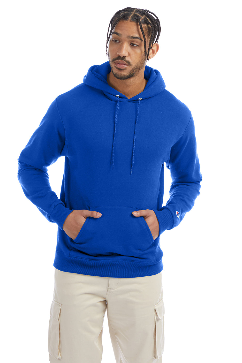Champion S700 Mens Double Dry Eco Moisture Wicking Fleece Hooded Sweatshirt Hoodie w/ Pouch Pocket Royal Blue Model Front
