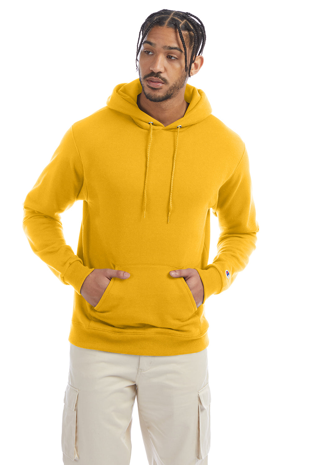 Champion S700 Mens Double Dry Eco Moisture Wicking Fleece Hooded Sweatshirt Hoodie w/ Pouch Pocket Gold Model Front