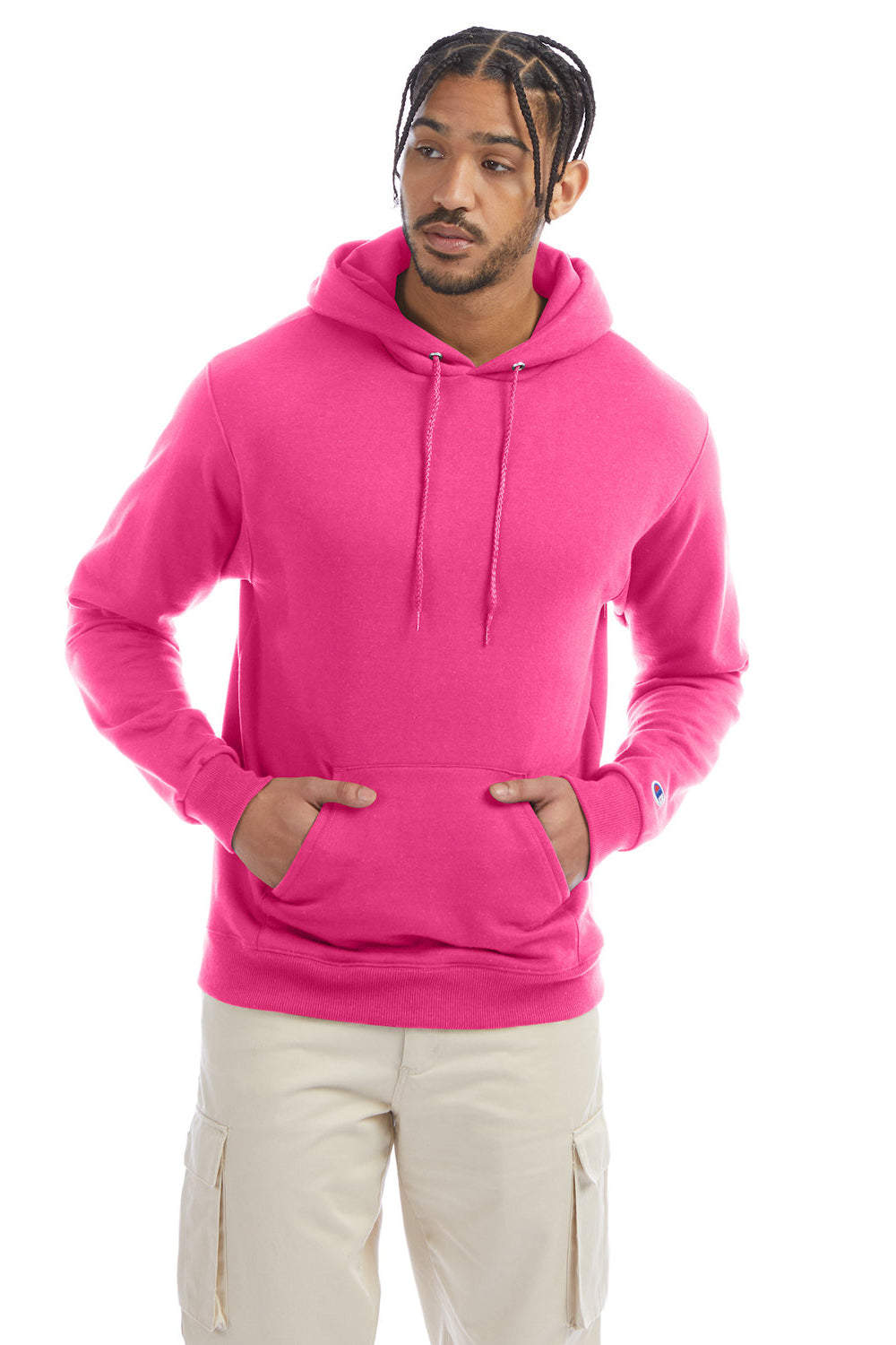 Champion S700 Mens Double Dry Eco Moisture Wicking Fleece Hooded Sweatshirt Hoodie w/ Pouch Pocket Wow Pink Model Front