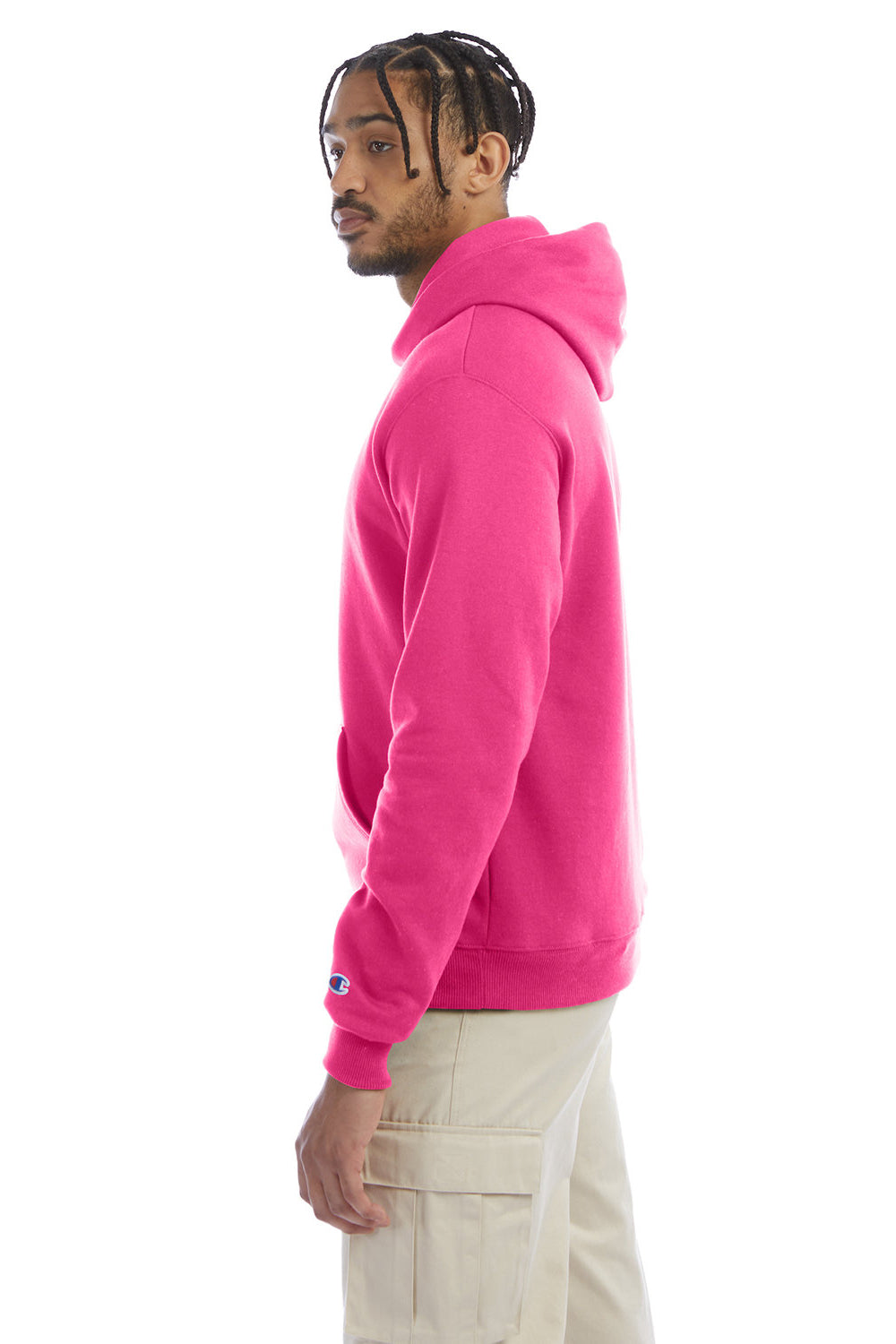 Champion S700 Mens Double Dry Eco Moisture Wicking Fleece Hooded Sweatshirt Hoodie w/ Pouch Pocket Wow Pink Model Side