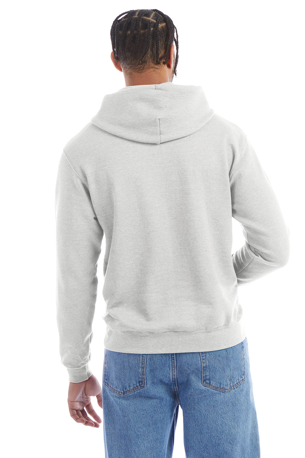 Champion S700 Mens Double Dry Eco Moisture Wicking Fleece Hooded Sweatshirt Hoodie w/ Pouch Pocket Silver Grey Model Back