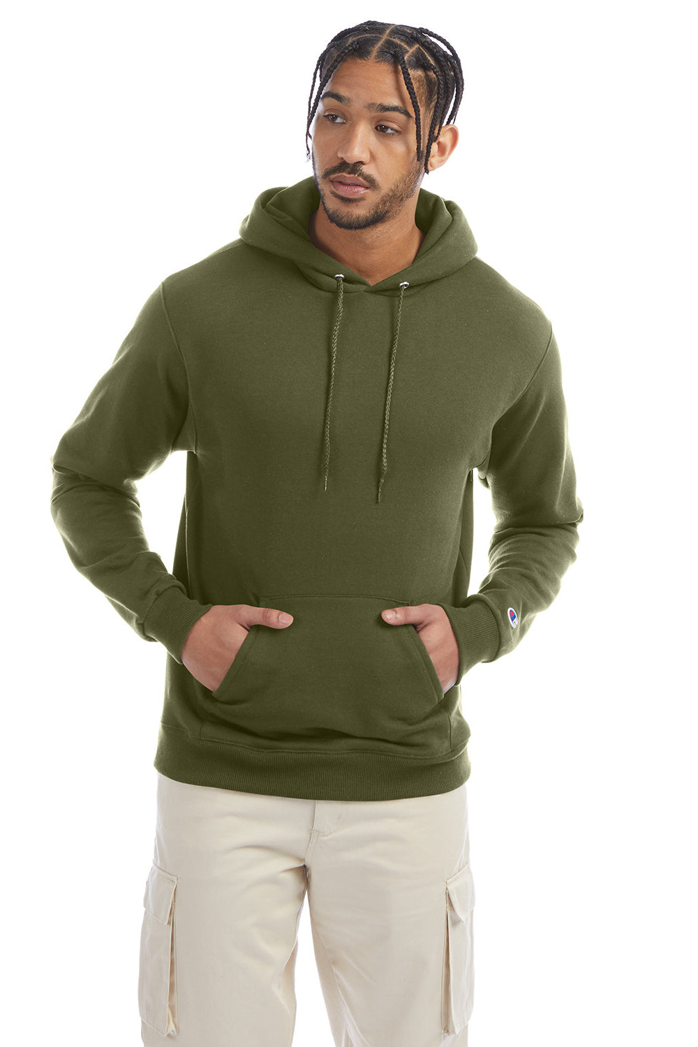 Champion Mens Double Dry Eco Moisture Wicking Fleece Hooded Sweatshirt Hoodie w/ Pouch Pocket Fresh Olive Green