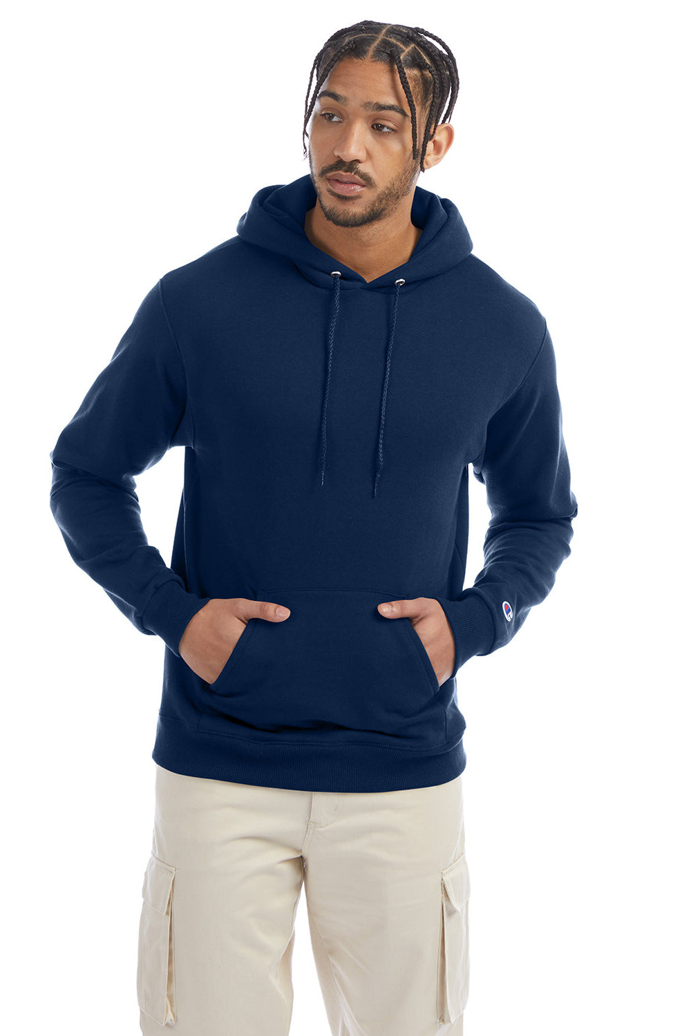 Champion S700 Mens Double Dry Eco Moisture Wicking Fleece Hooded Sweatshirt Hoodie w/ Pouch Pocket Late Night Blue Model Front